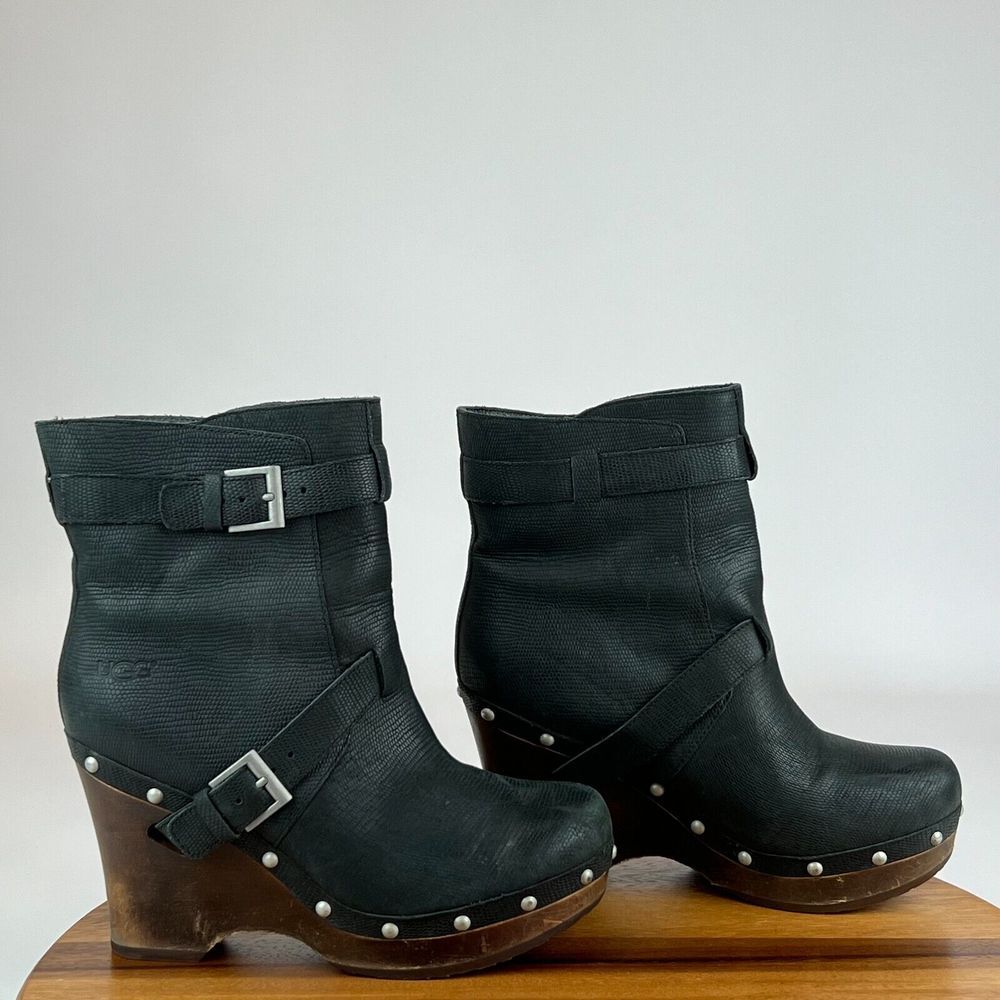 Womens Ugg Taryn‎ Black Leather Wedge Heeled Ankle Booties Boots Size 8 M GUC